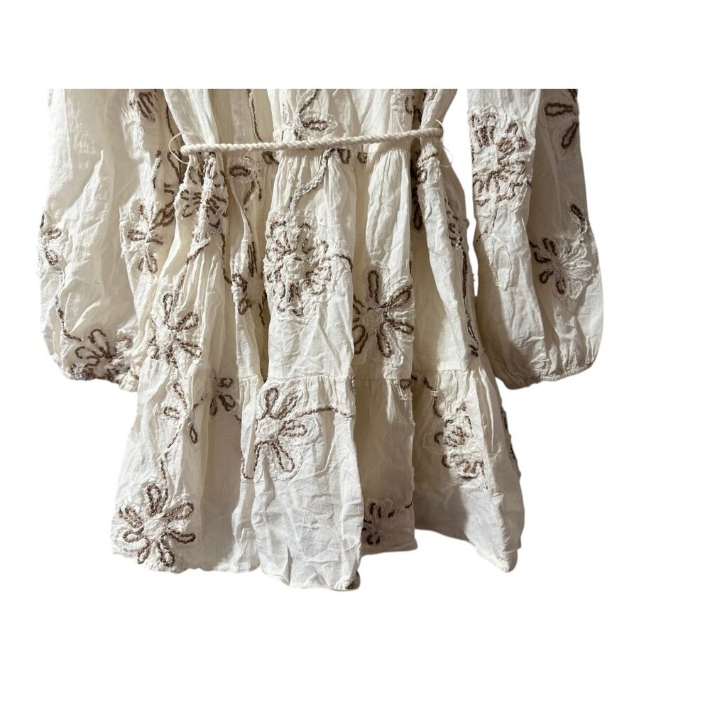 Camellia Embroidered 3D Floral Cottage Mini Dress Women Medium Cream Puff Sleeve - Picture 13 of 16